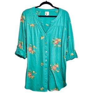 Fig & Flower Teal Embroidered Floral Tunic Top | Boho | Plus Size 2X